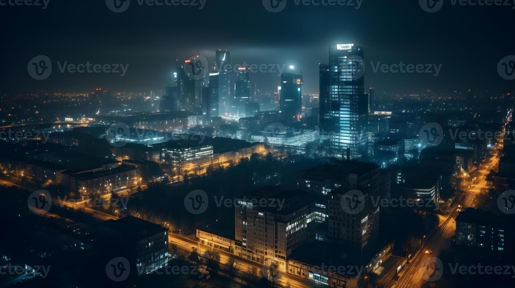 View of skyscrapers by drone at night , photo