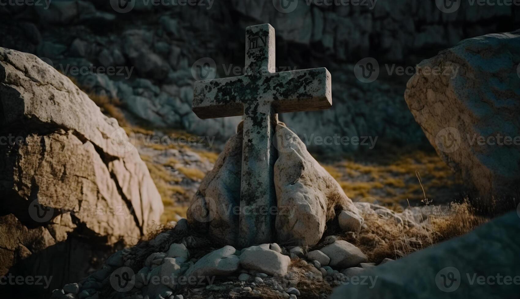 cross symbol on the rock hill,christian symbol on top of rock photo