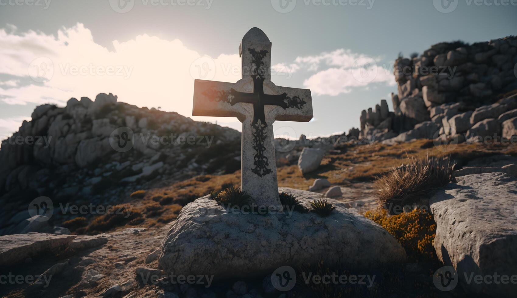 cristiano símbolo en parte superior de roca, cruzar símbolo en el rock colina generativo ai foto