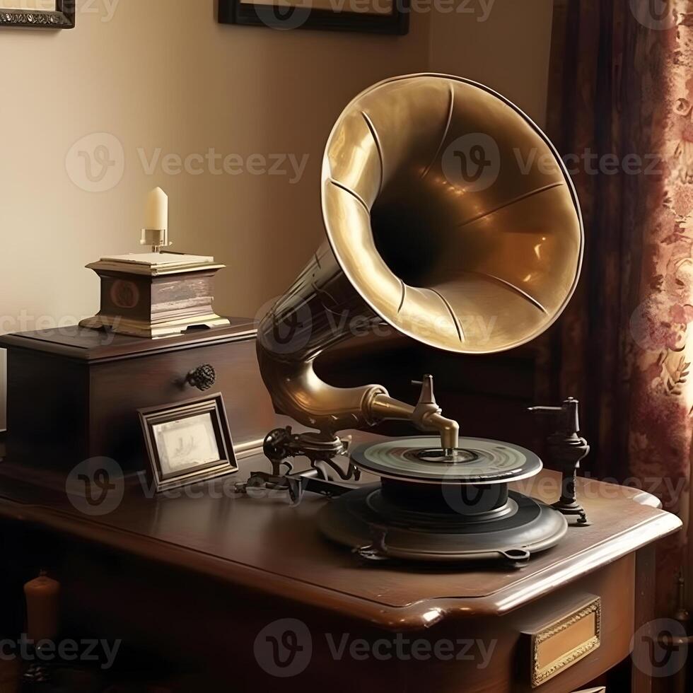 realistic illustration of a classical gramophone musical instrument , photo