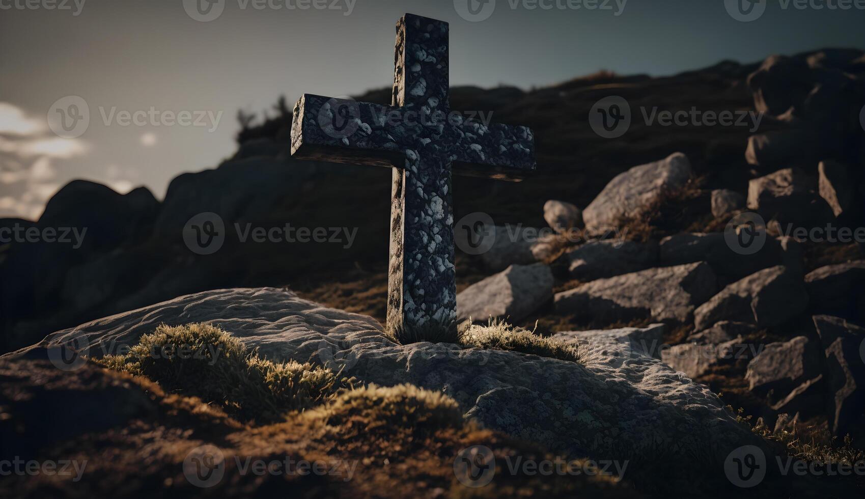 christian symbol on top of rock, cross symbol on the rock hill photo