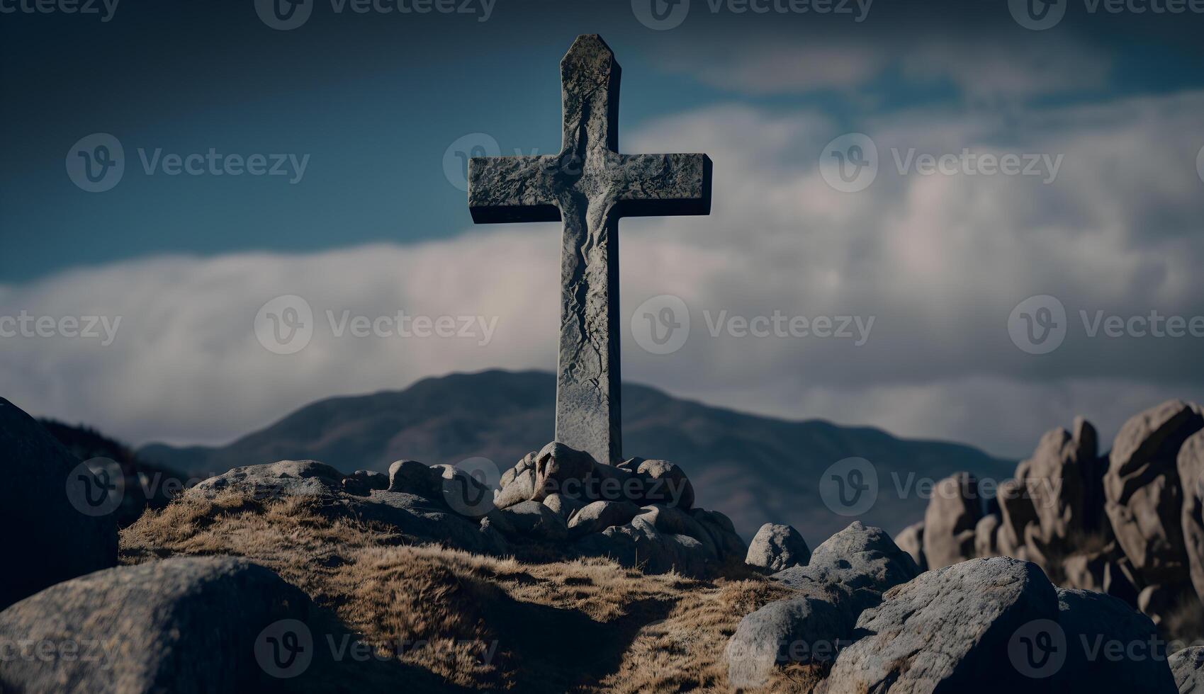 cross symbol on the rock hill ,christian symbol on top of rock photo