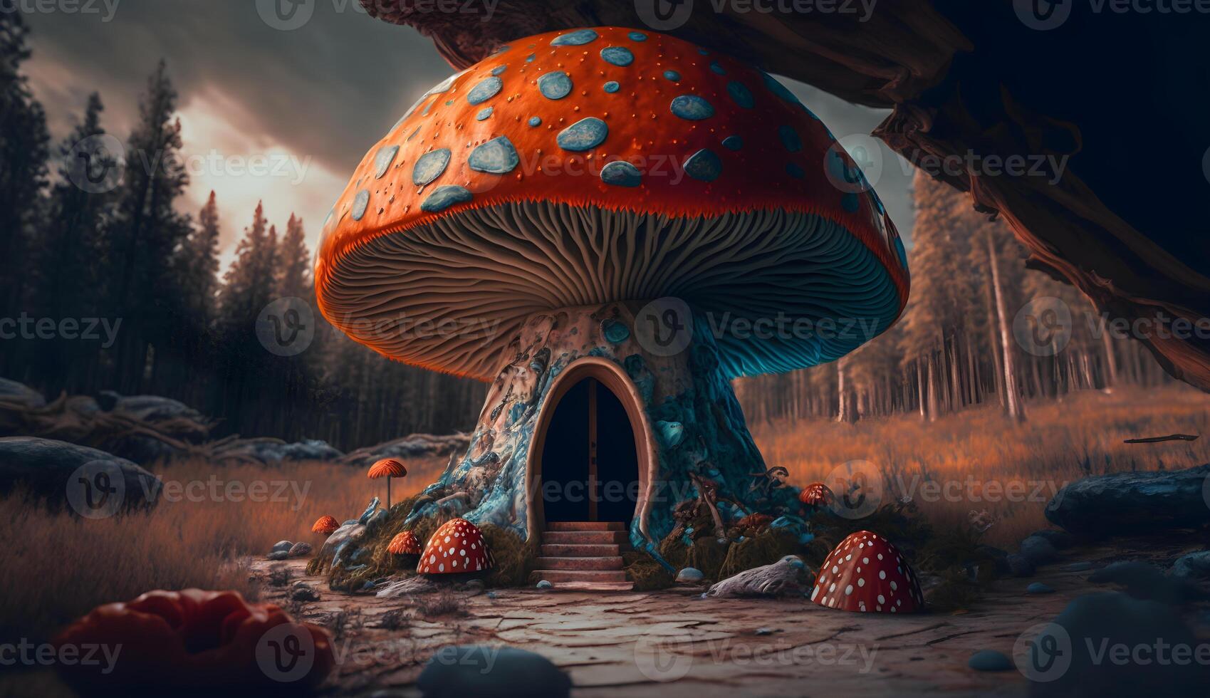 illustration of poisonous mushroom house,dwarf fairy housing from poisonous mushrooms photo