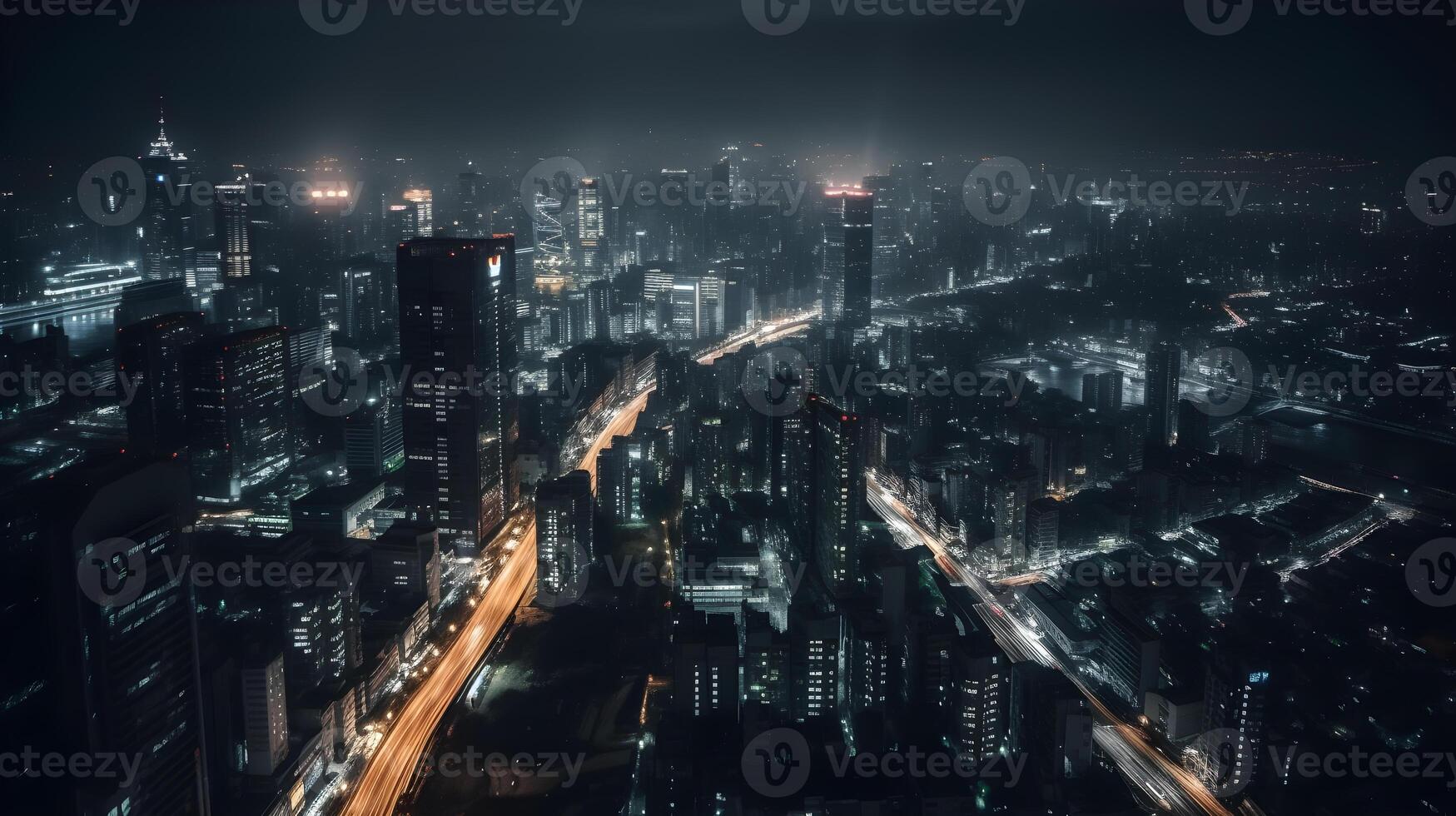 View of skyscrapers by drone at night , photo