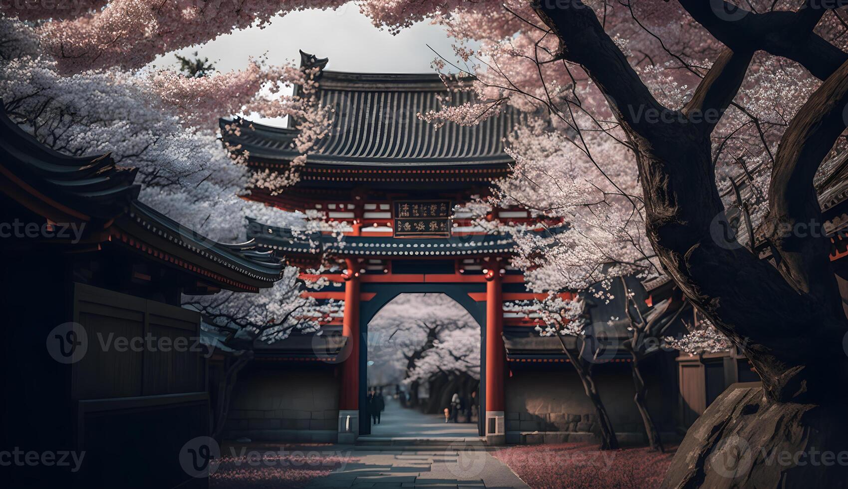 toji gate in cherry blossom garden, japanese garden landscape . photo