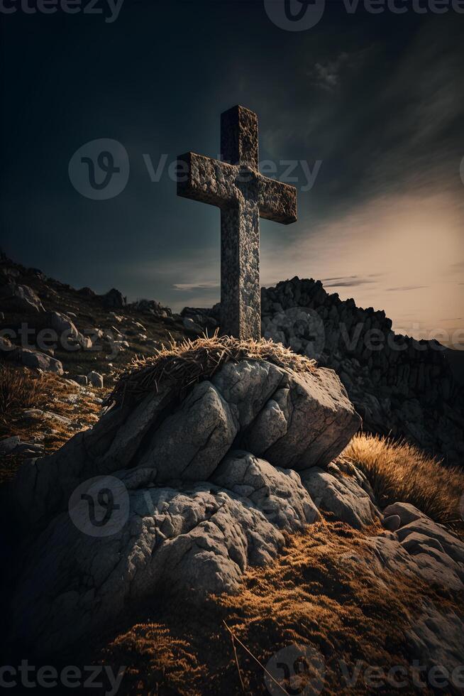 christian symbol on top of rock, cross symbol on the rock hill photo