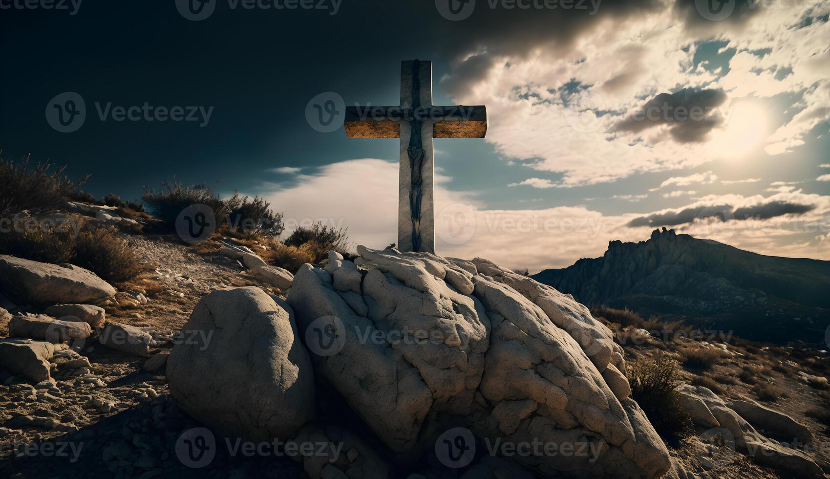 christian symbol on top of rock, cross symbol on the rock hill photo