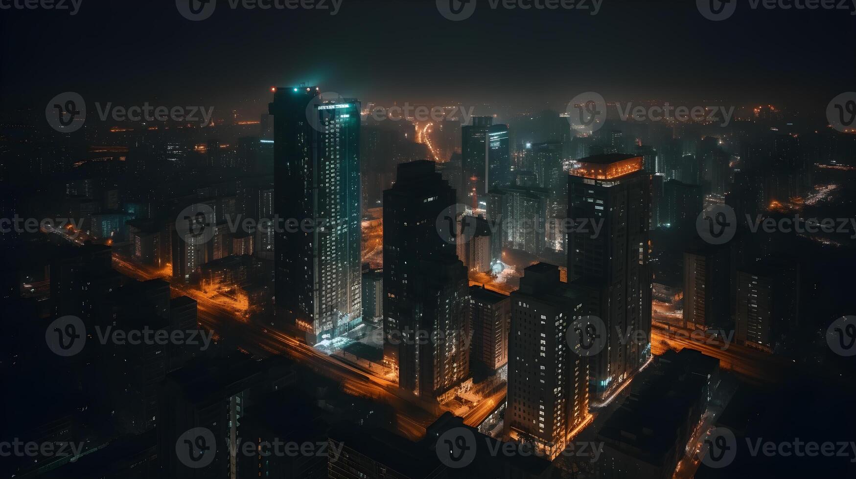 View of skyscrapers by drone at night , photo