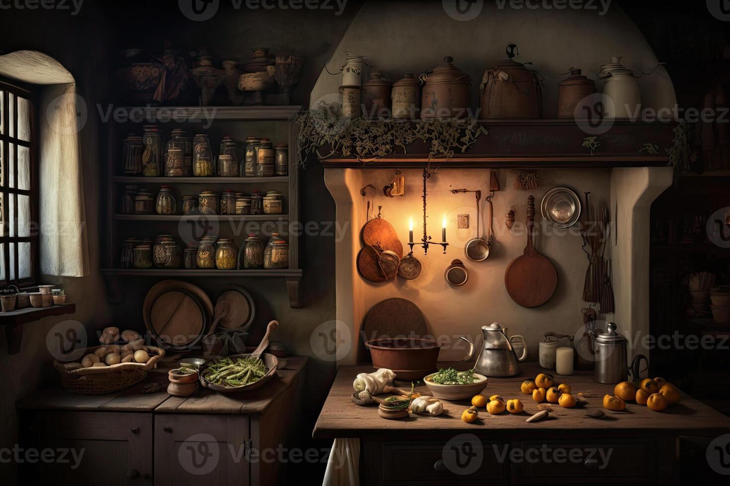 illustration of an Old Kitchen with tools and food, photo