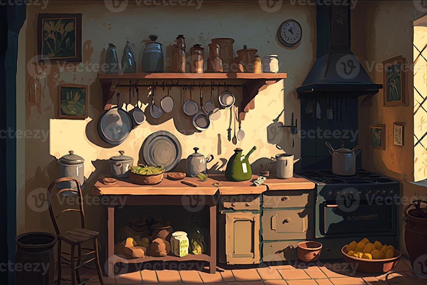 Painting of an old kitchen in the past, photo
