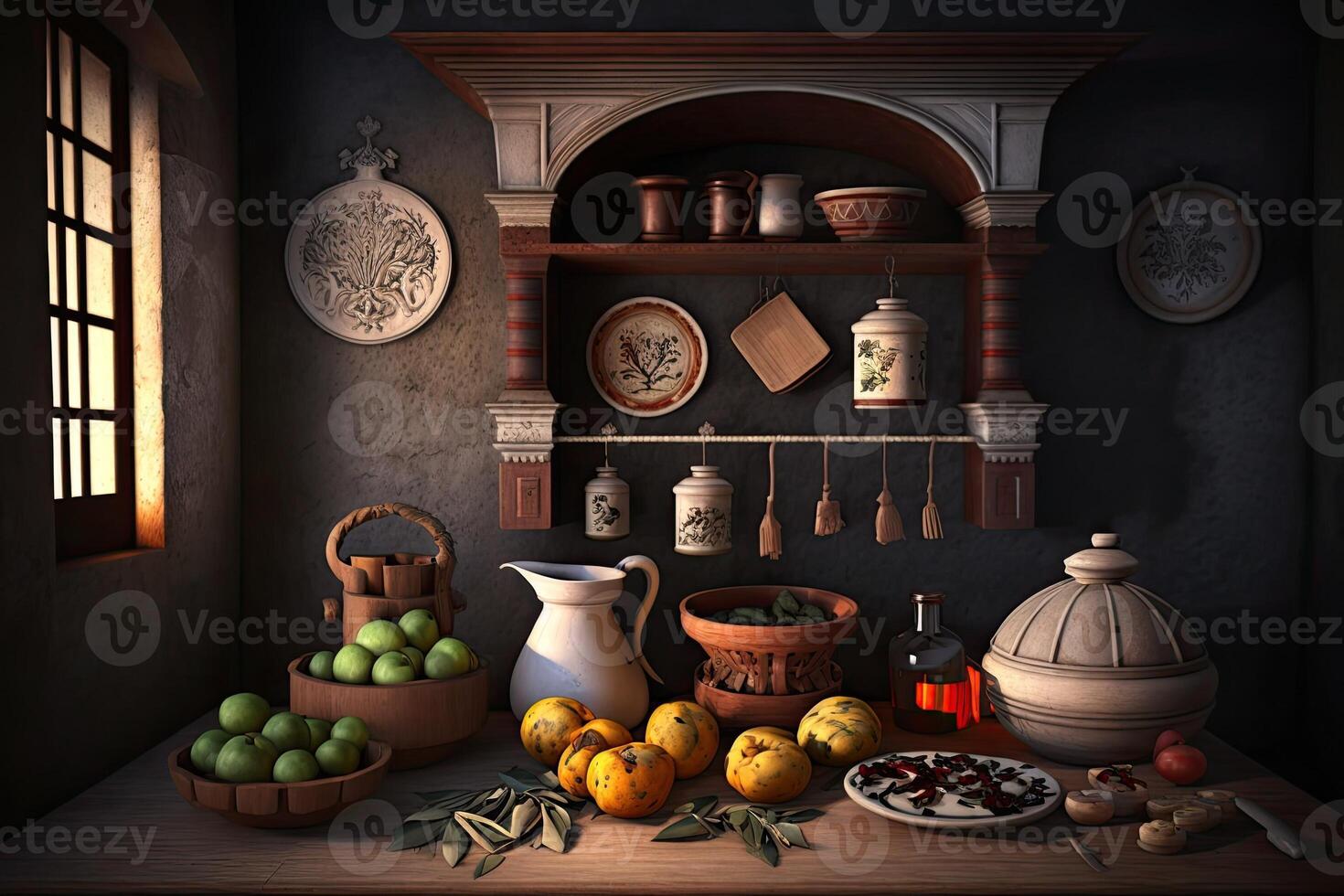 old dusty kitchen with tools and vegetables, illustration photo