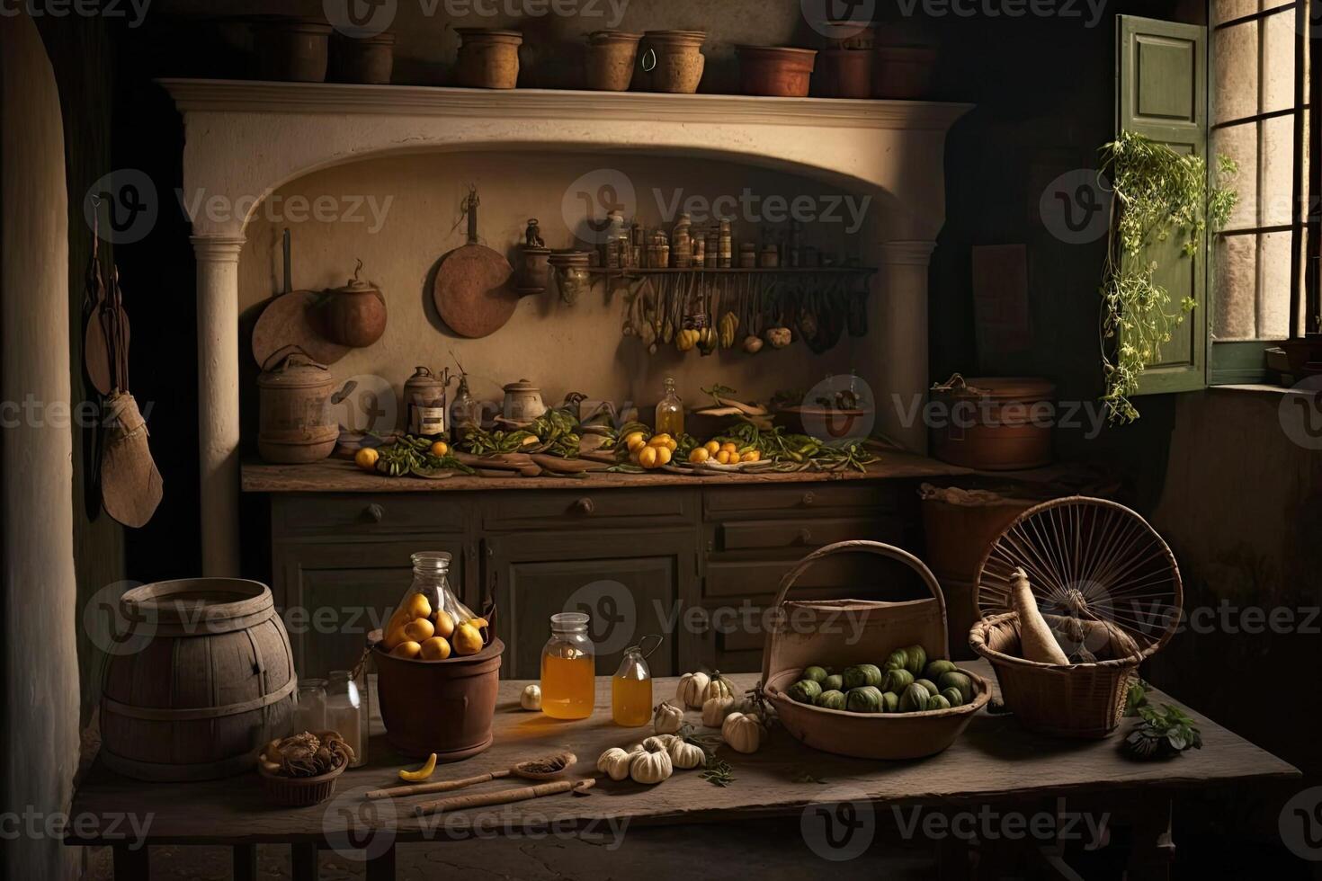 illustration of an Old Kitchen with tools, photo