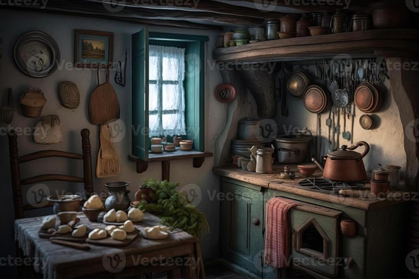illustration of an ancient Kitchen with pans, vegetables, beverages, oven, photo