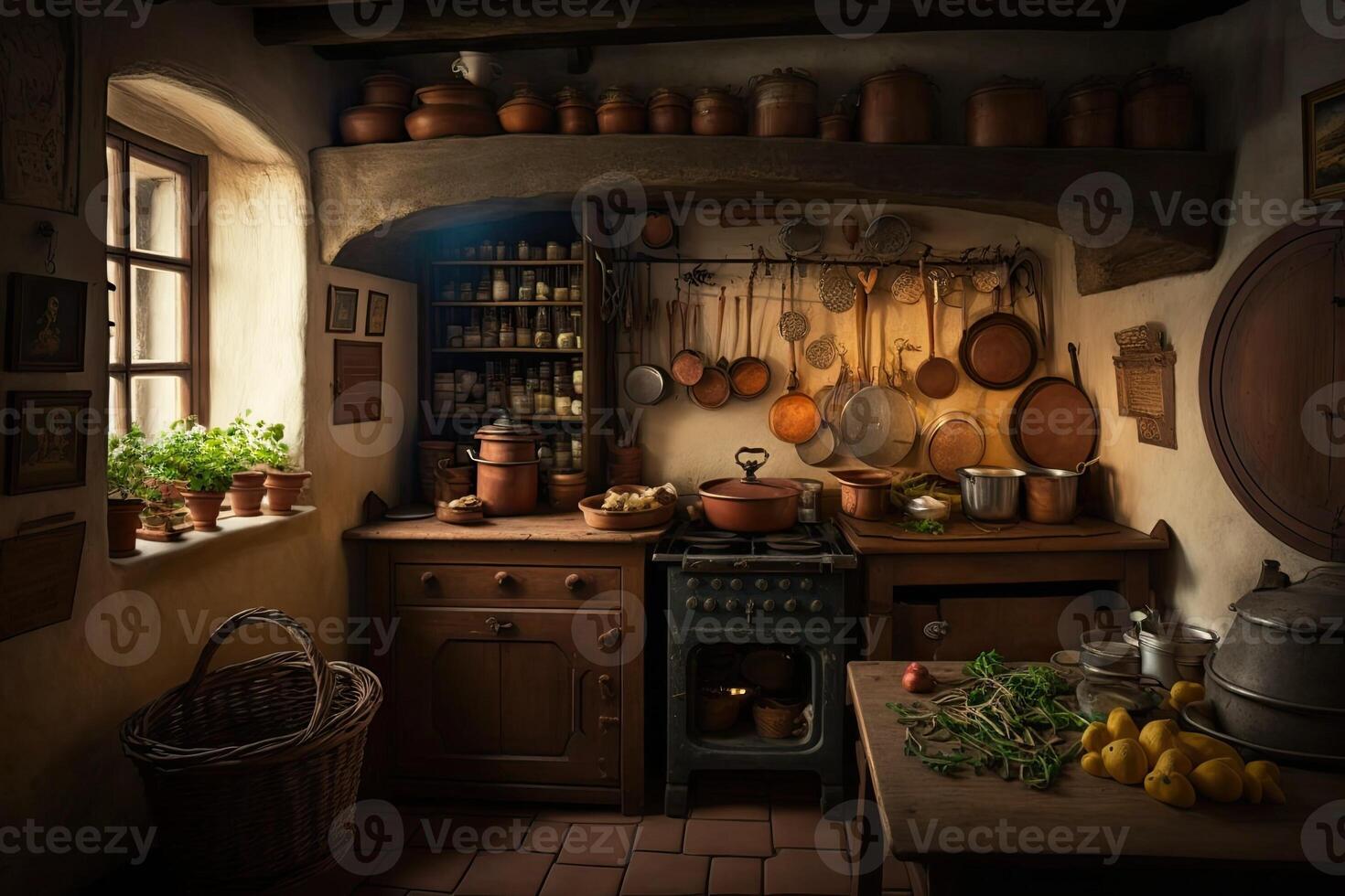 illustration of an Old Kitchen with pans, vegetables, beverages, oven, photo