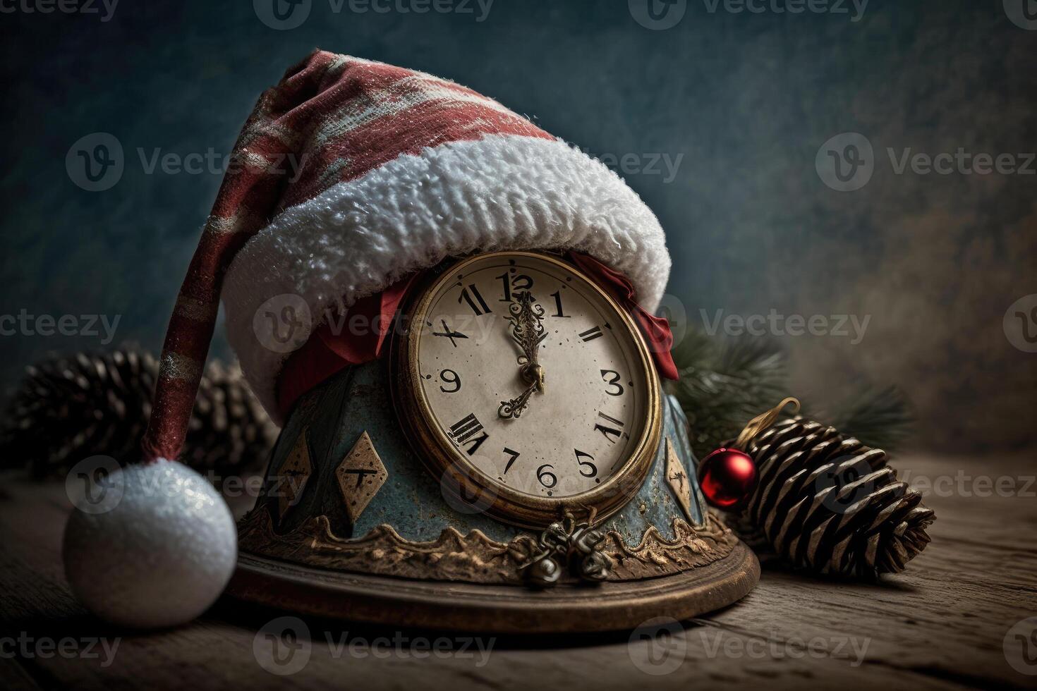 An alarm clock with a Santa hat is on the table next to the cone, . photo