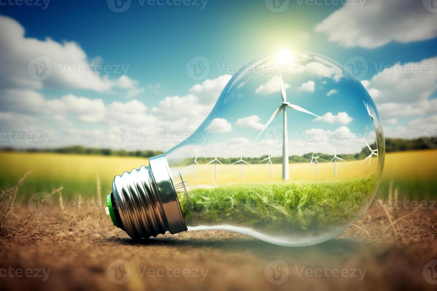 Green energy concept. Electric lightbulb and wind turbines. photo