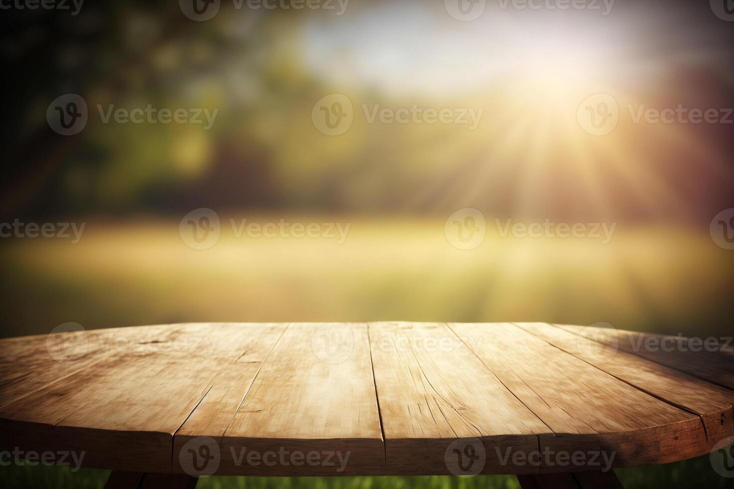 Empty wooden round table for product display with blurred garden background. photo
