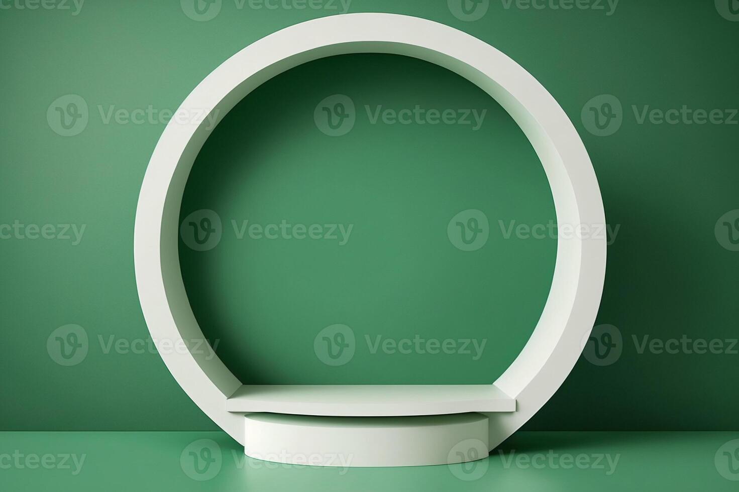 Contemporary white circle podium pedestal for product display on green background. photo