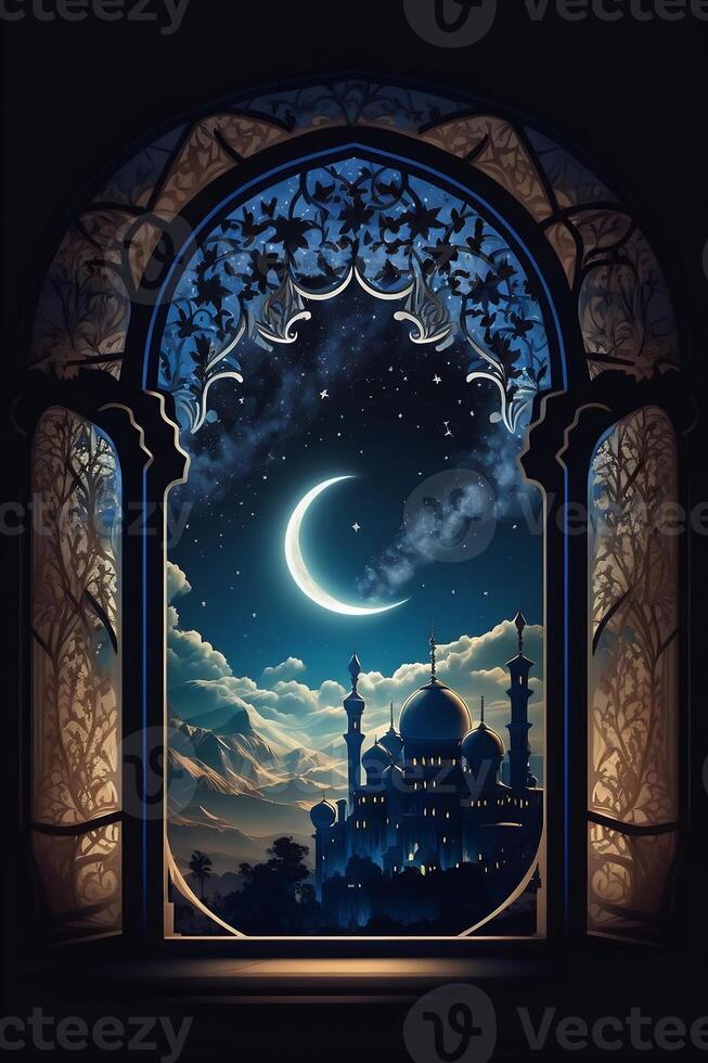 View from window on the Muslim mosque and the crescent moon at night. . photo