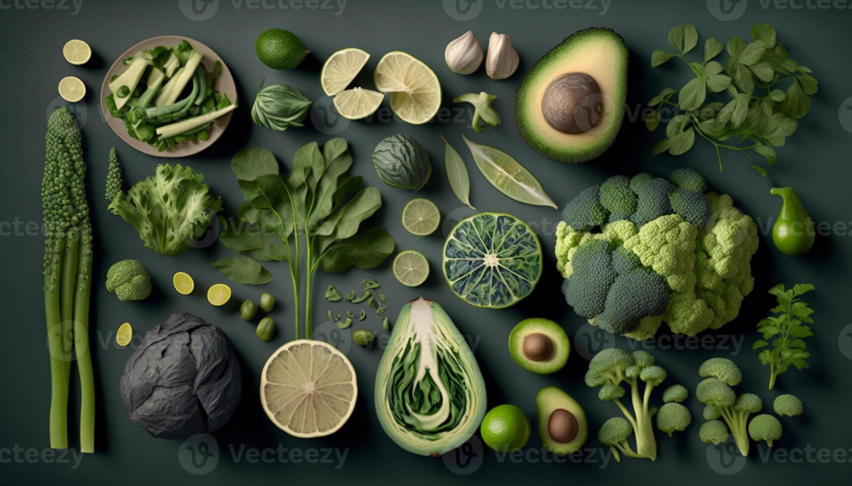 Many different green vegetables on dark green background. Healthy food top view. photo