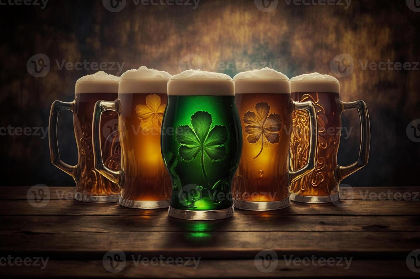 Five beer mug of green Irish beer in pub. St. Patrick's day concept. photo