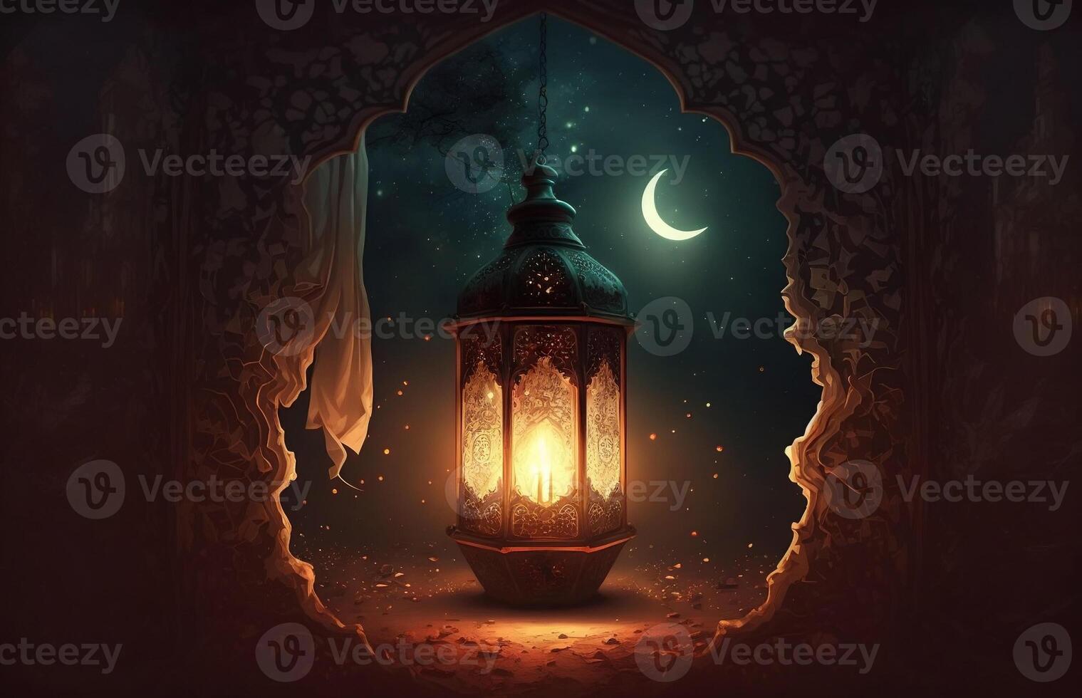 Ramadan Kareem Muslim holidays illustration with arabic lantern in night. photo