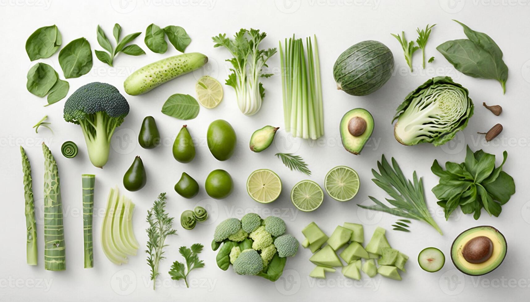 Many different green vegetables on white background. Healthy food flat lay. photo