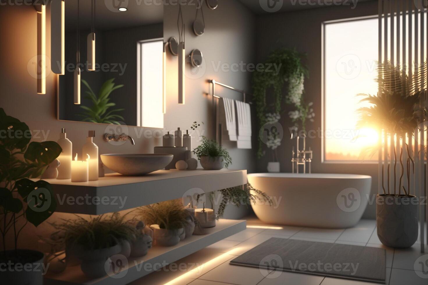 Contemporary gray bathroom interior design with sunset light. photo