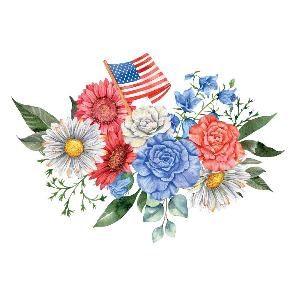 4th of July Patriotic Concept. Independence Day design element. Hand Painted Watercolor Floral Arrabgement . Botaical Illustration vector
