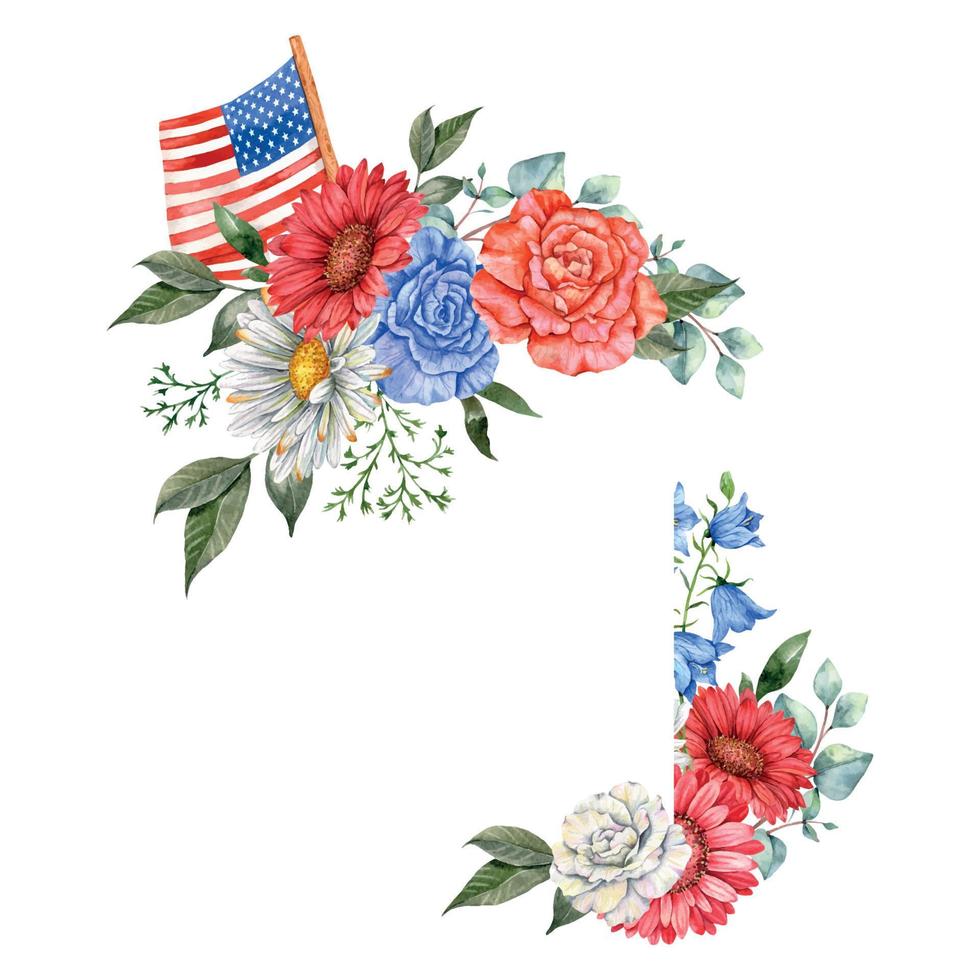 4th of July Patriotic Concept. Independence Day design element. Hand Painted Watercolor Floral Arrabgement . Botaical Illustration vector