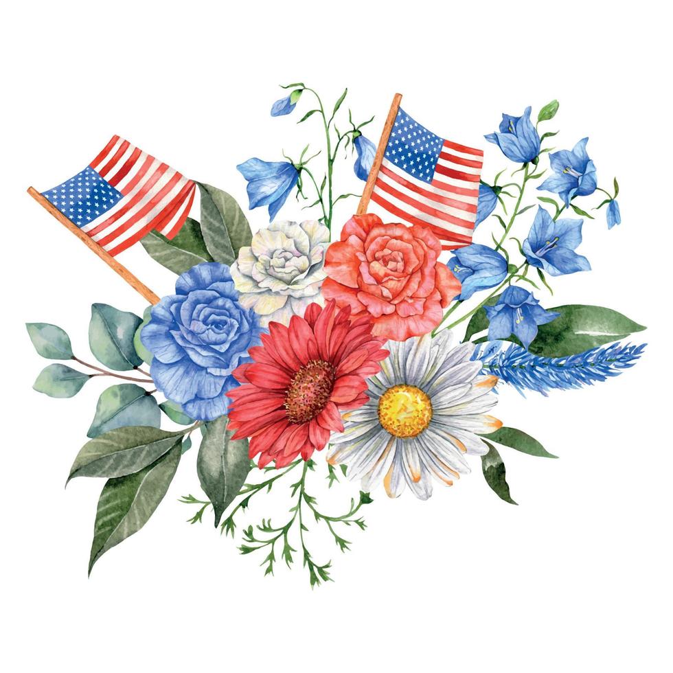 4th of July Patriotic Concept. Independence Day design element. Hand Painted Watercolor Floral Arrabgement . Botaical Illustration vector