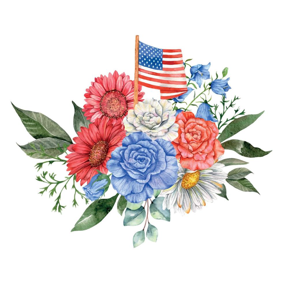 4th of July Patriotic Concept. Independence Day design element. Hand Painted Watercolor Floral Arrabgement . Botaical Illustration vector