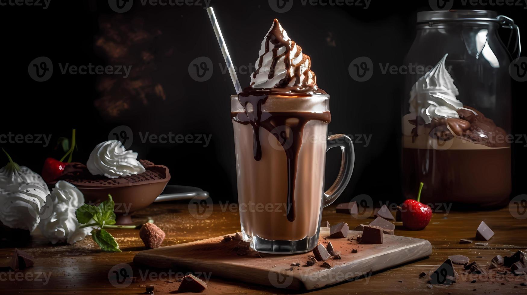chocolate malteada con azotado crema, fresas y oscuro chocolate piezas en un oscuro antecedentes. foto