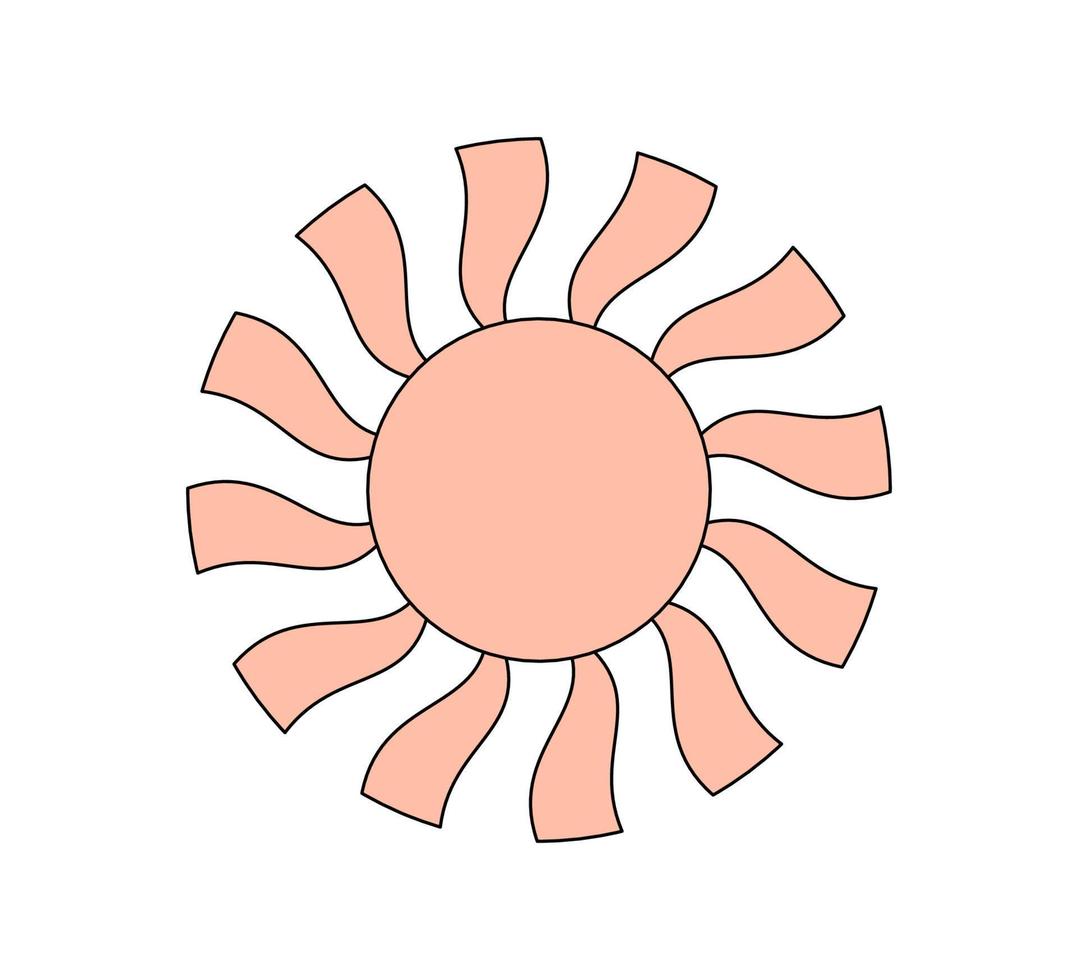 Retro groovy style twisted shiny sun. Psychedelic hippie old solar summer element. Abstract vintage hippy bright sticker. Trendy y2k pop culture or boho print design. Vector eps sacral symbol