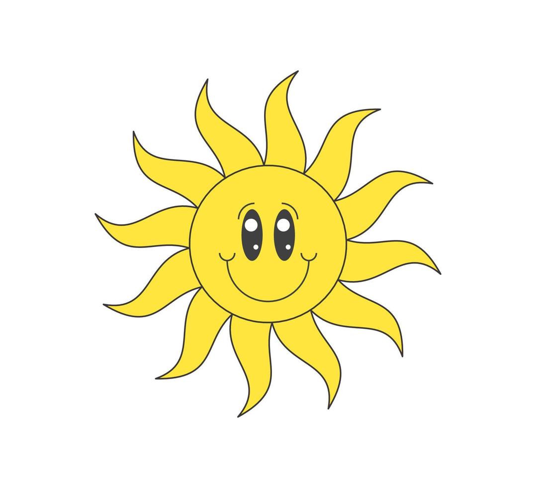 Retro groovy cheerful sun character. Psychedelic hippie funky solar mascot. Abstract vintage hippy funny smile sticker. Trendy y2k pop culture smiling sunny hipster symbol. Vector eps trippy print