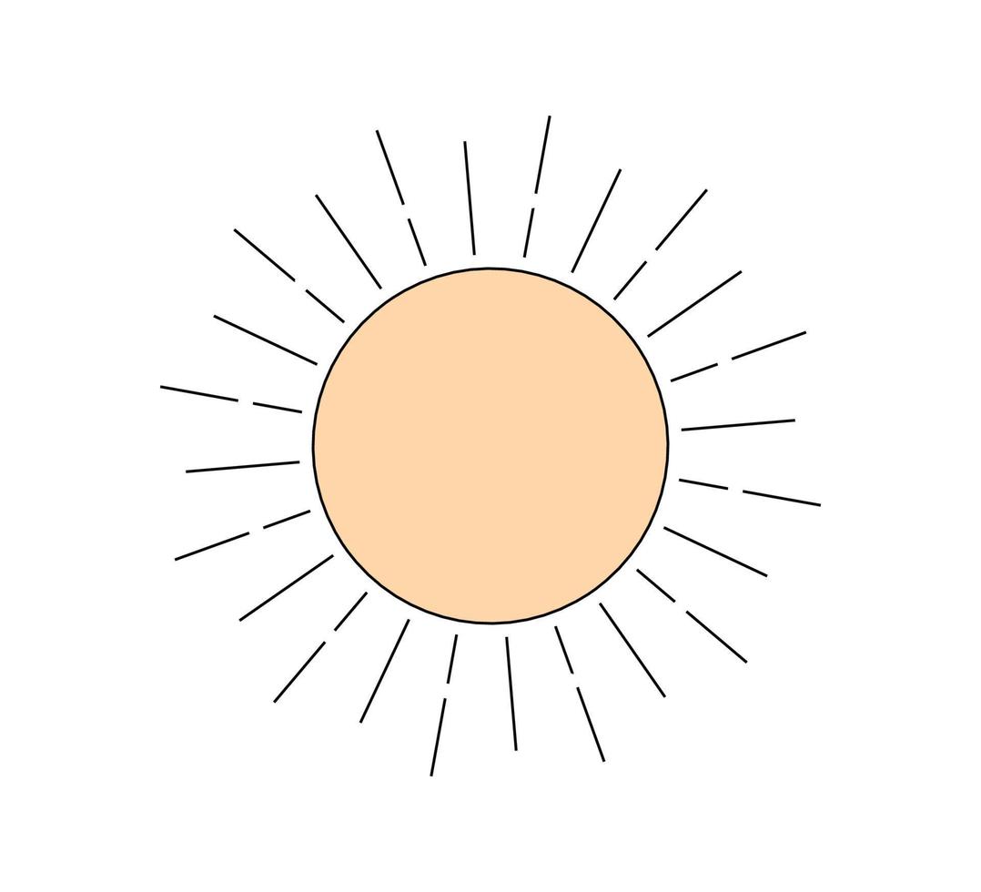 Retro groovy style shiny sun. Psychedelic hippie old solar element with linear rays. Abstract vintage hippy bright sticker. Trendy y2k pop culture or boho design. Vector eps print