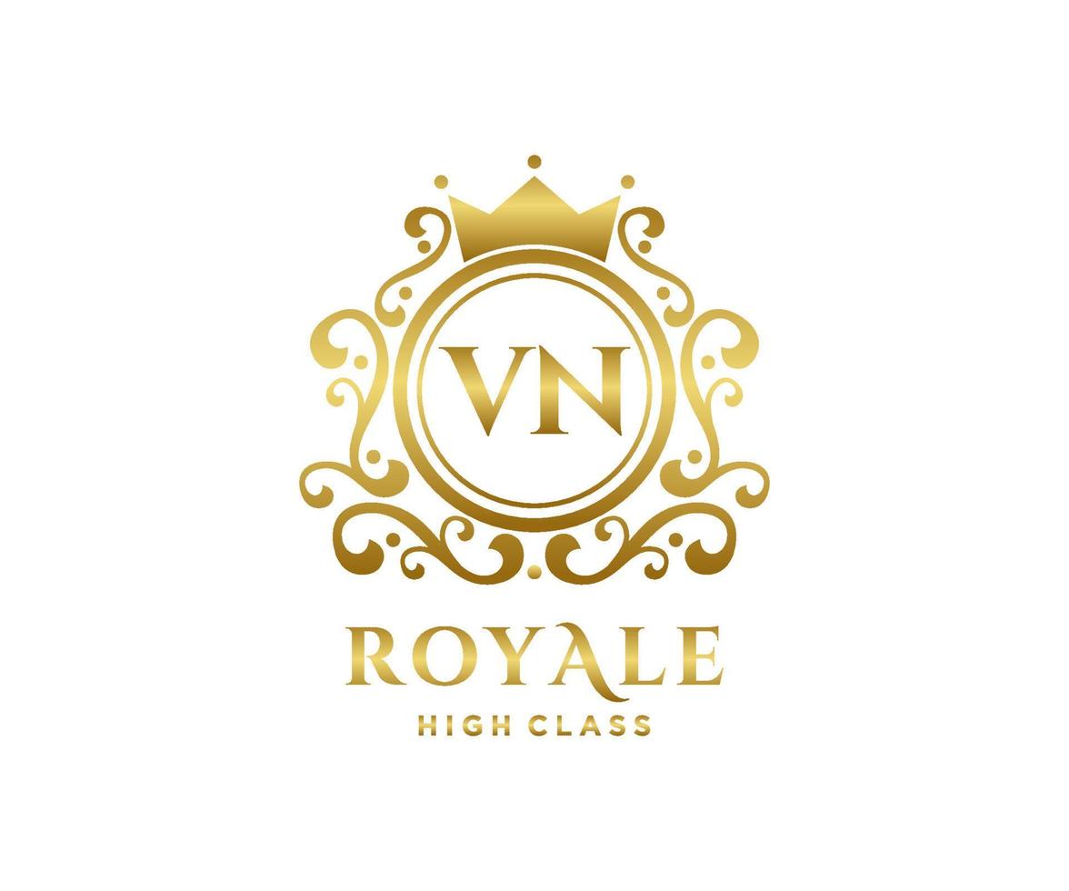 Golden Letter VN template logo Luxury gold letter with crown. Monogram alphabet . Beautiful royal initials letter. vector
