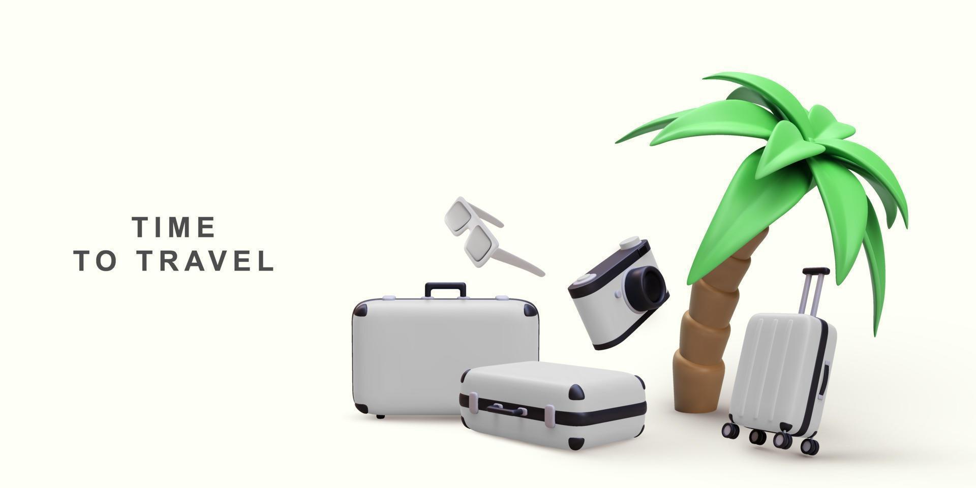 3d realistic concept time to travel with suitcases, camera and palm tree. Vector illustration.