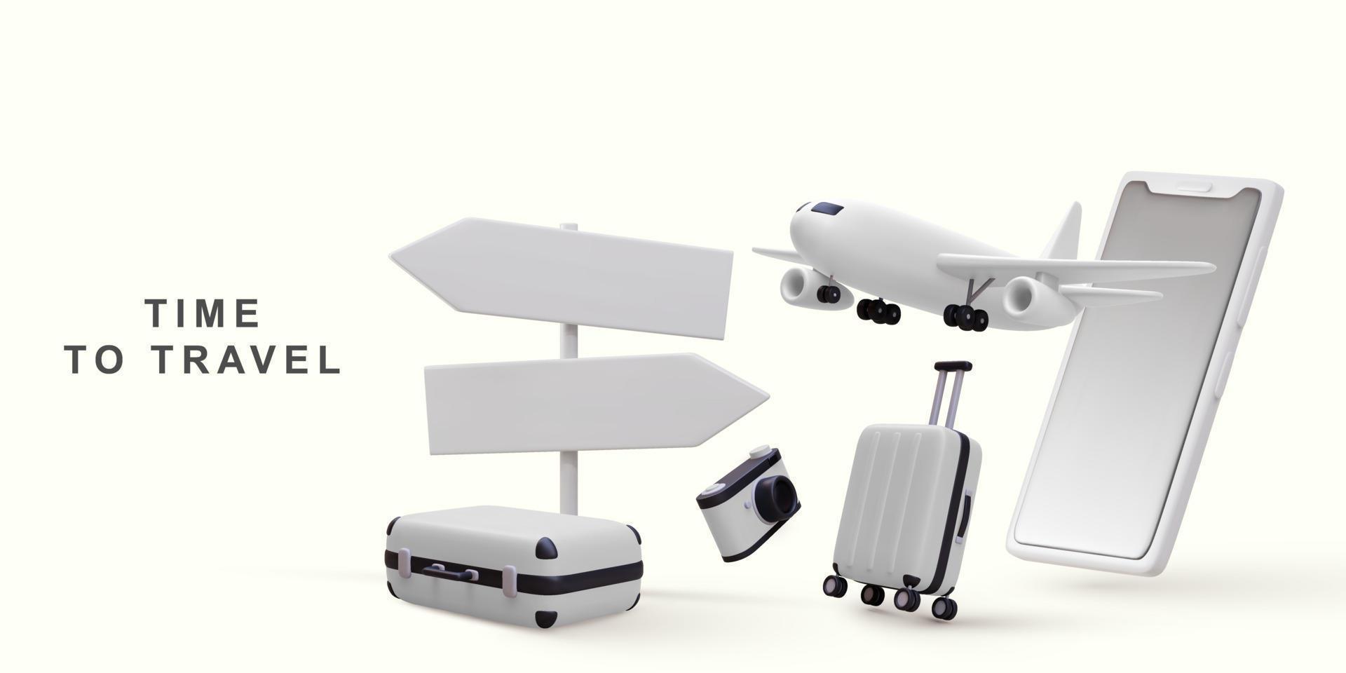 3d Suitcase and plane. travel online booking service on mobile. Vector illustration.