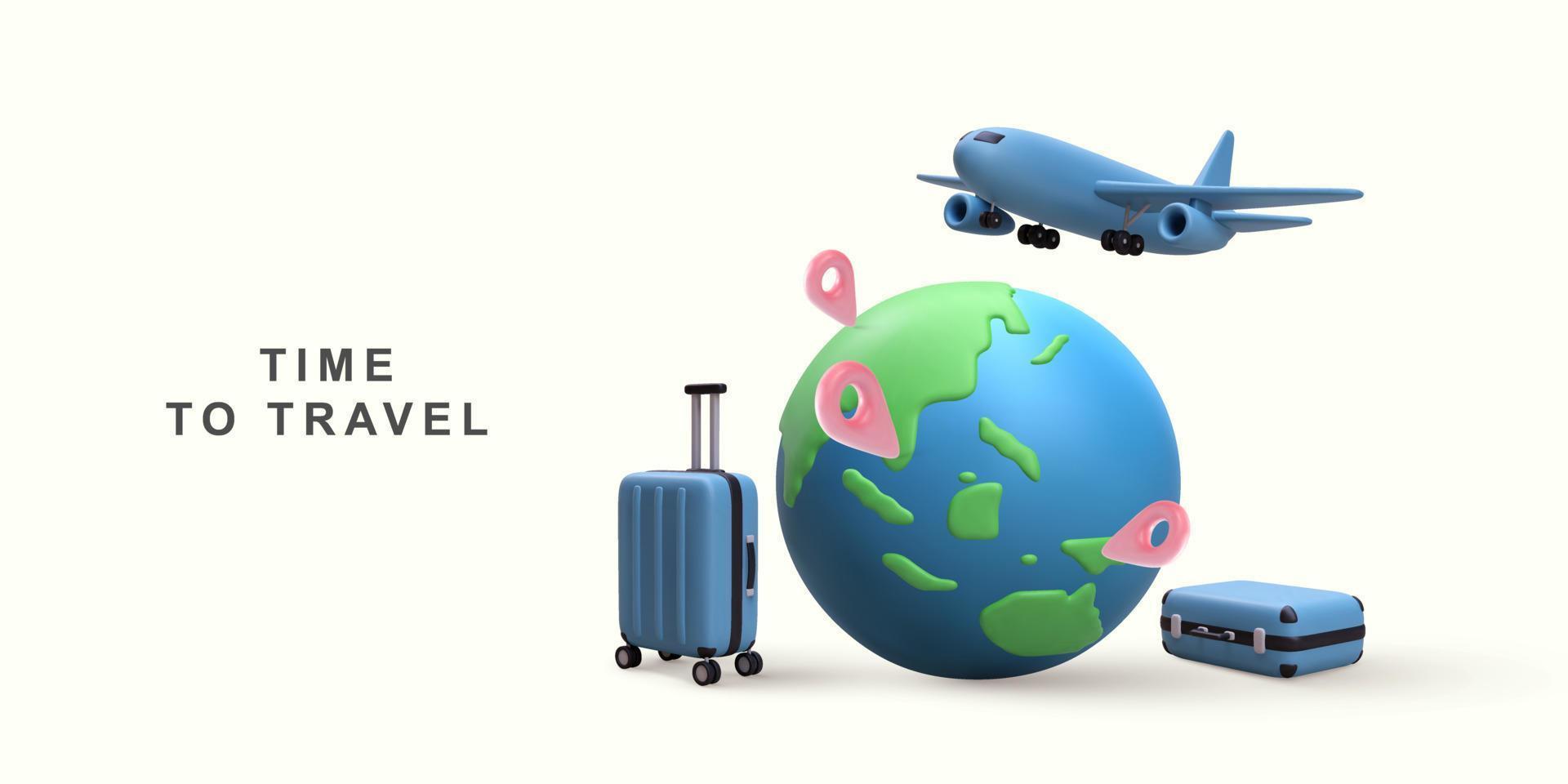 3d realistic tourism and travel concept,eath and location pin with airplane flying. Vector illustration.