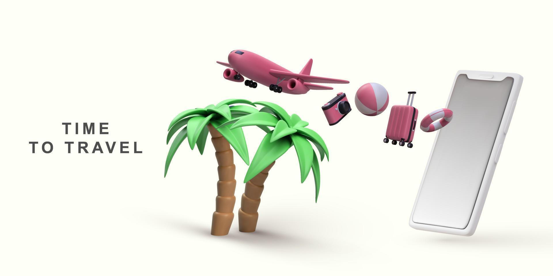 Suitcase and plane. travel online booking service on mobile. Vector illustration.