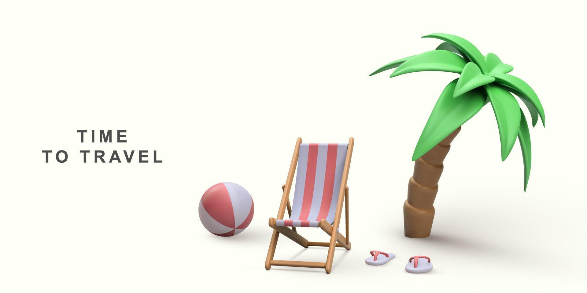 3d summer vacation concept with beach chair, palm trees, beach ball and beach sneakers. Vector illustration.