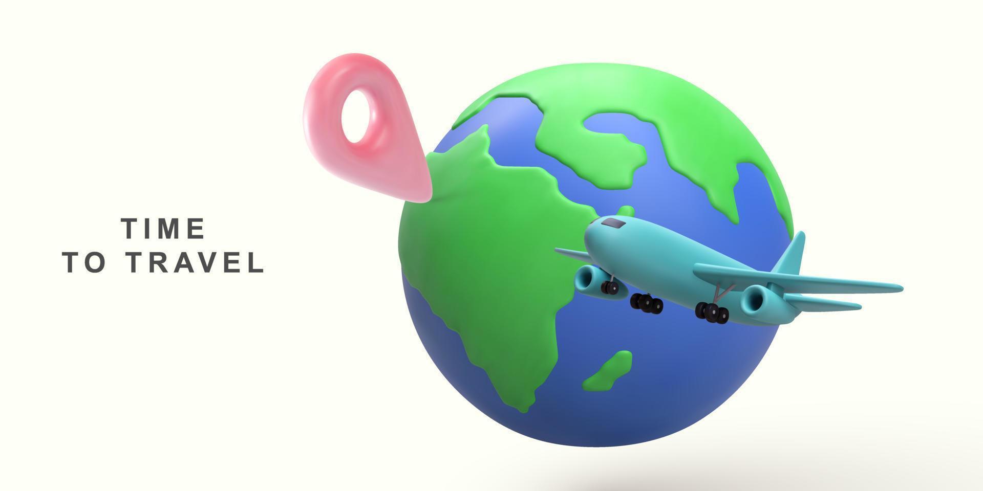 3d realistic tourism and travel concept,eath and location pin with airplane flying. Vector illustration.