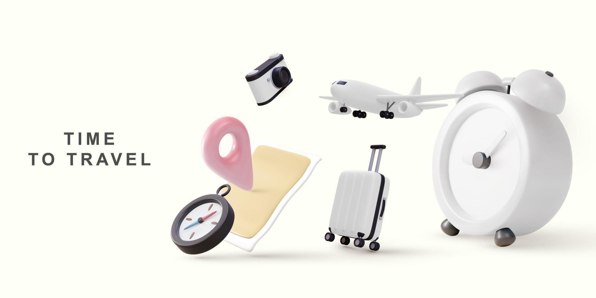 3d travel time concept with clock, suitcase, map, airplane, camera and compass. Vector illustration.