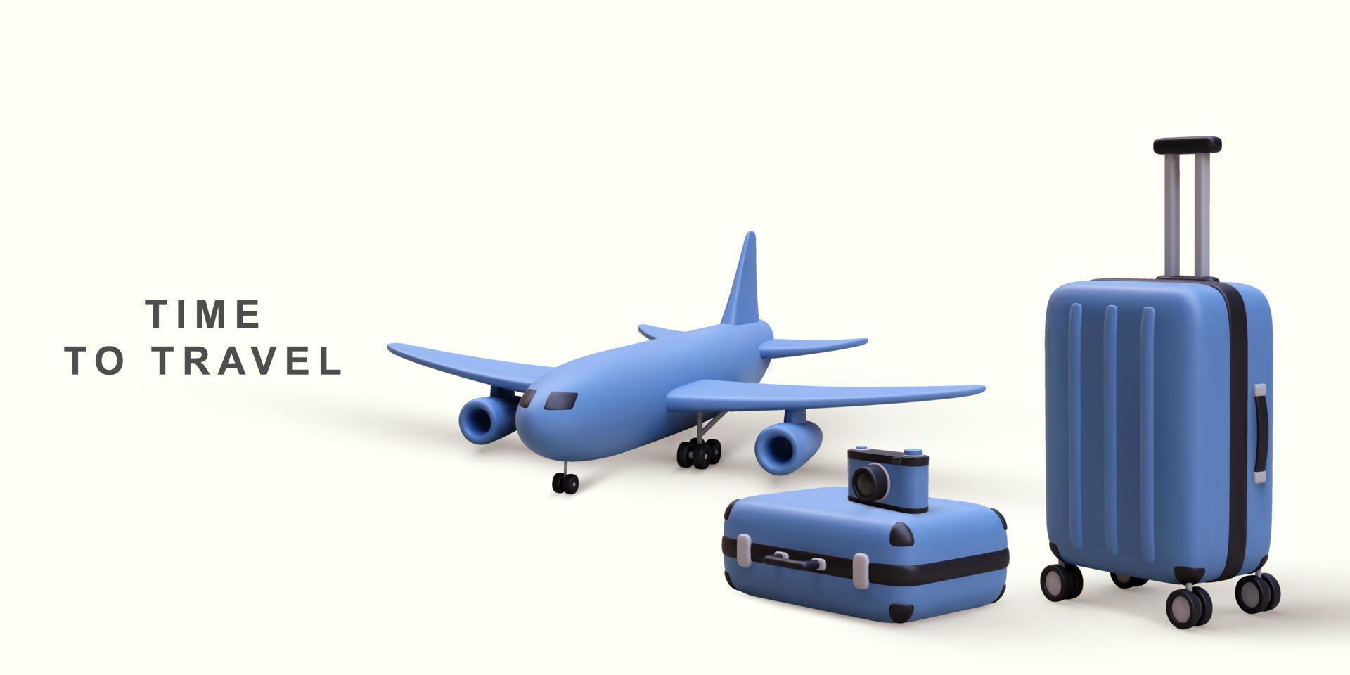 3d realistic uggages, camera and plane. Vector illustration.