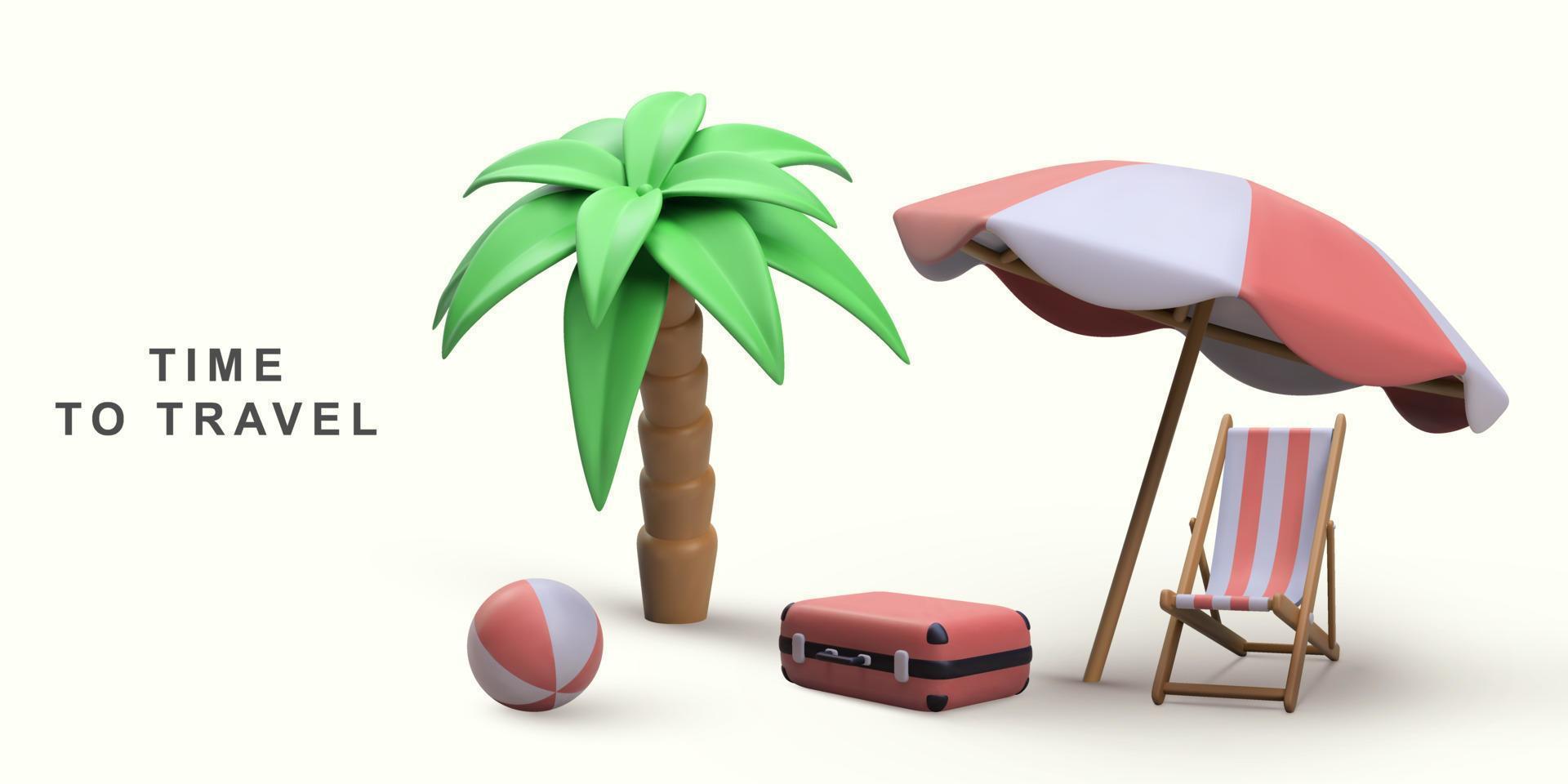 3d summer vacation concept with beach chair,umbrella and summer elements. Vector illustration.