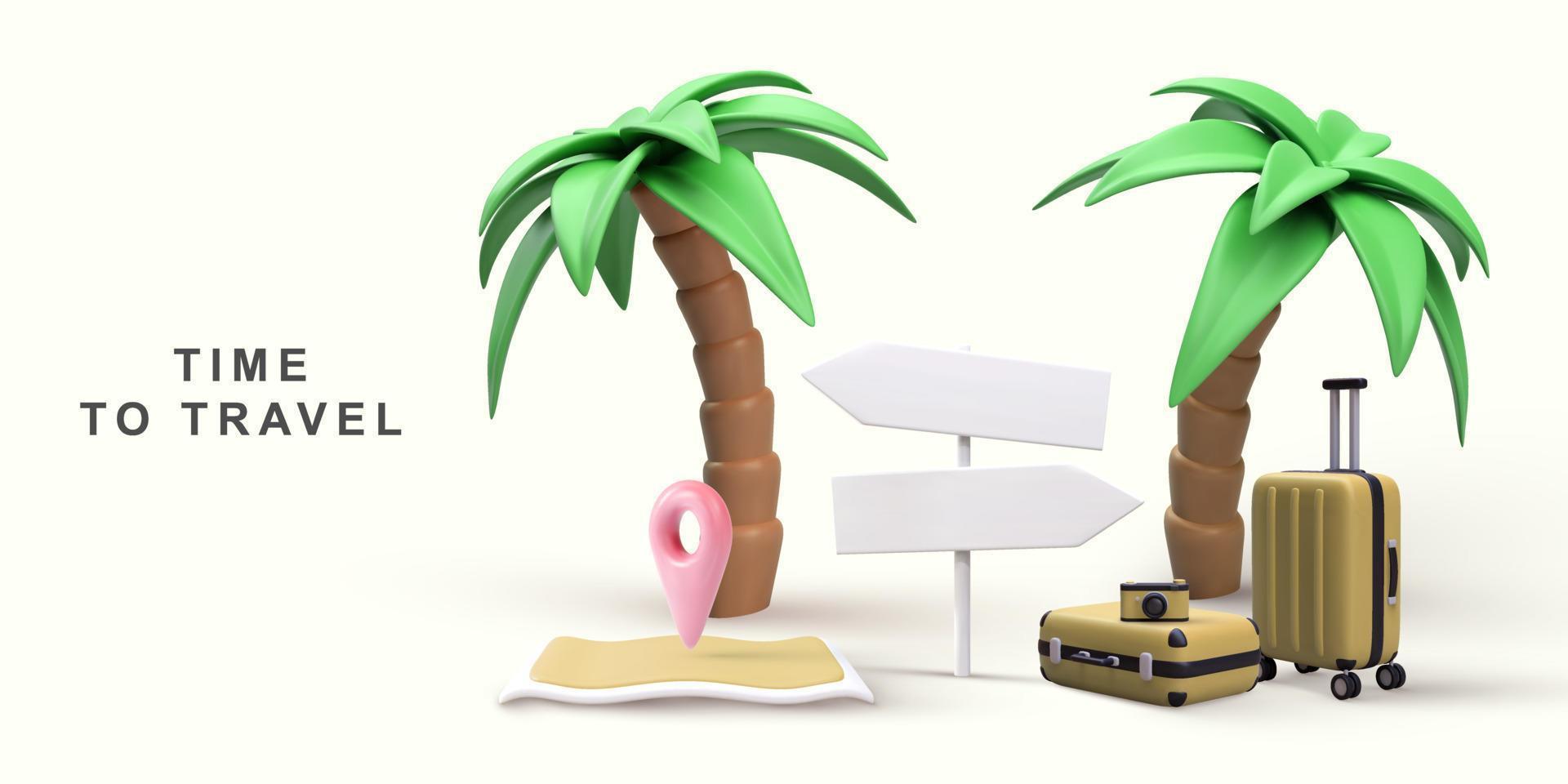 3d realistic world travel concept with palm trees, camera, map, pointer and handbags. Vector illustration.