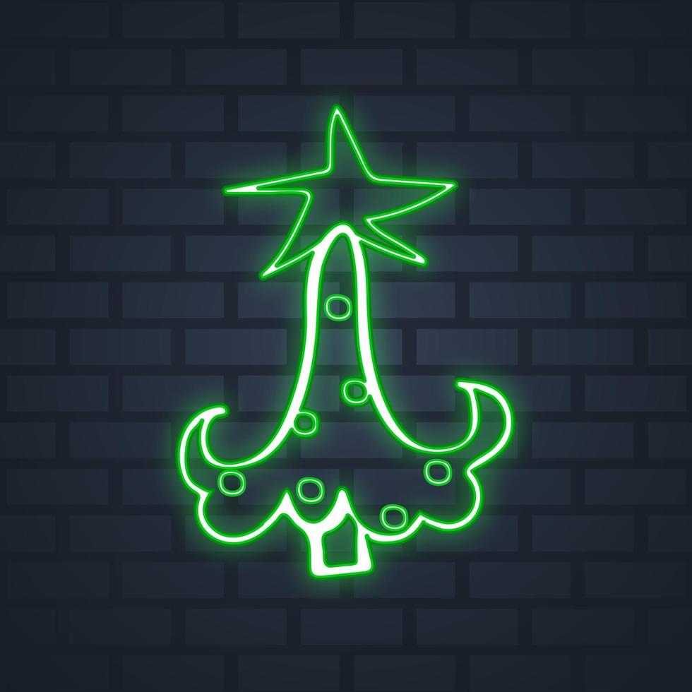 Neon Christmas tree on a brick wall background vector