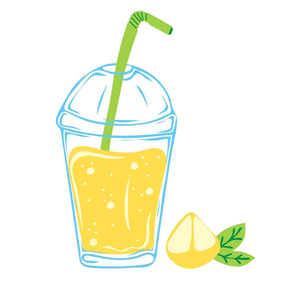 Plastic cup with lemonade and lemon slice vector