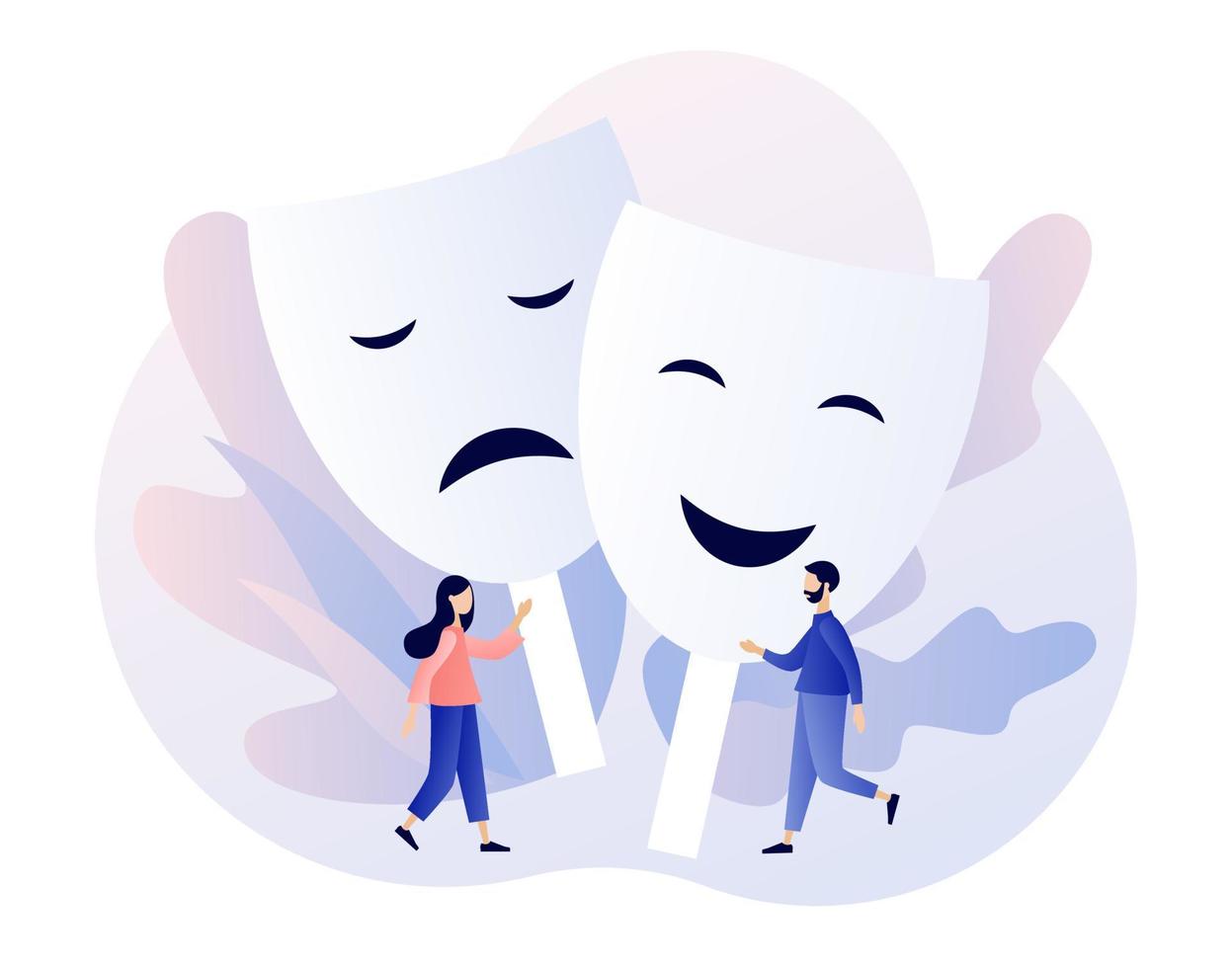Psychology. Masking true feelings. Human masquerade. Tiny people with big carnival masks with happy or sad expressions. Hypocrisy. Modern flat cartoon style. Vector illustration on white background